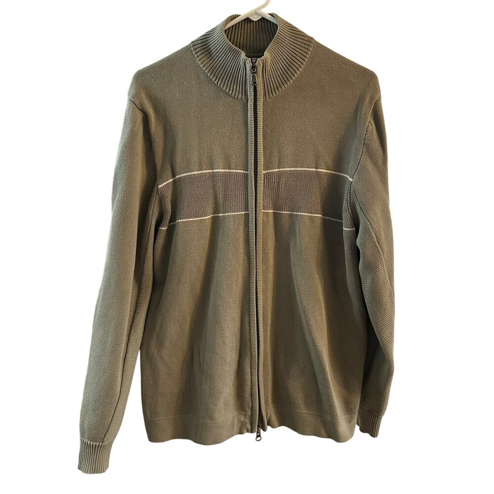 Eddie Bauer Men's Full Zip Olive Green Cotton Knit Mock Neck‎ Sweater